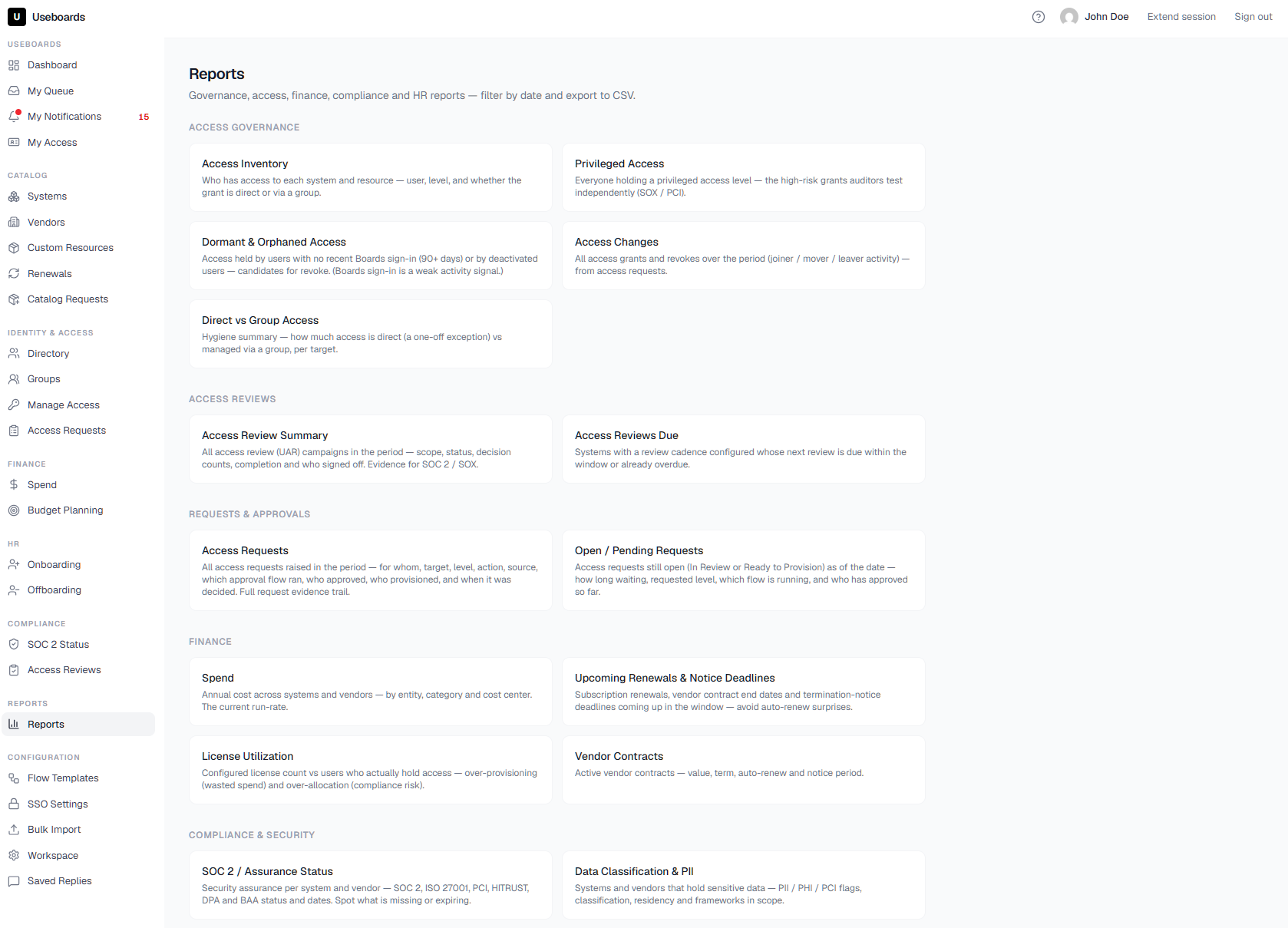 Useboards reports and evidence export for a SOC 2 access review