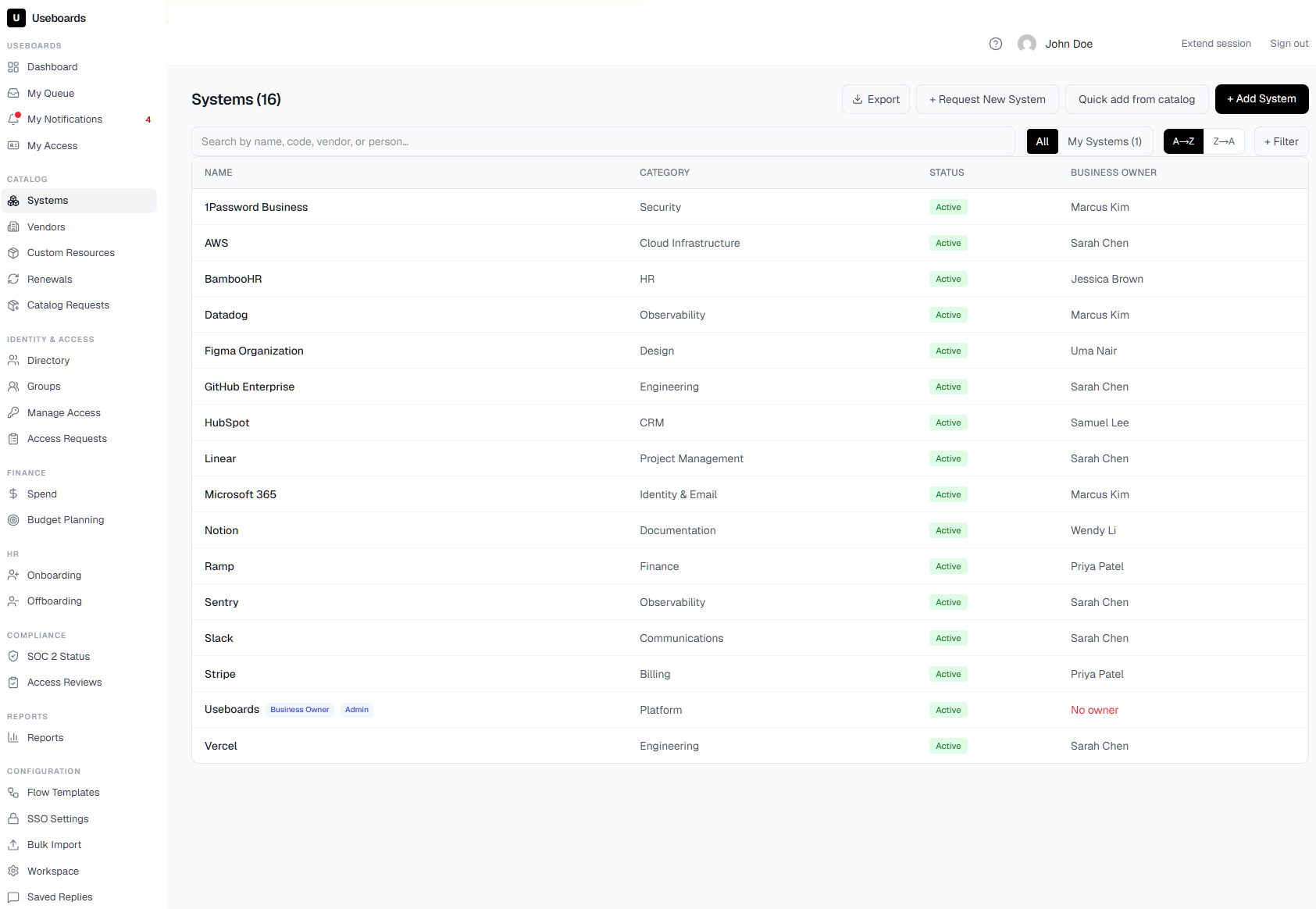 The system catalog in Useboards listing SaaS apps, vendors, and resources with owners